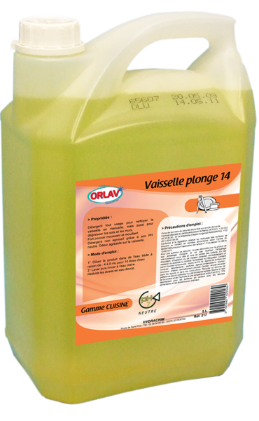 Plonge manuelle T14 Orlav® Détergent multi-usages et vaisselle à la main 5L - Le bidon (4 par carton)