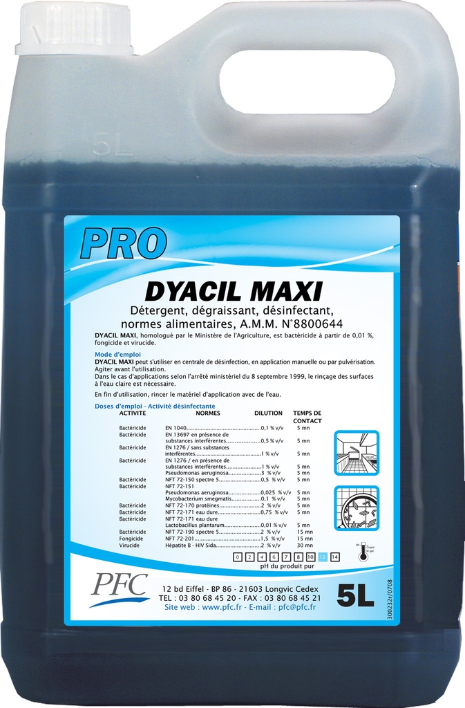 Détergent désinfectant bactéricide lévuricide fongicide virucide Pro® Dyacil maxi 5L - Le bidon (4 par carton)