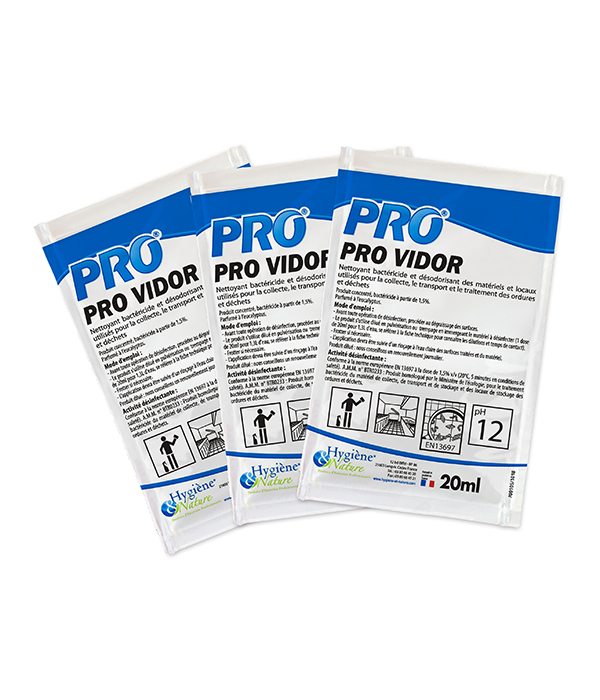 Nettoyant Désodorisant bactéricide matériel et surfaces de traitement des ordures Pro® Pro Vidor en dosettes de 20ml - Le carton de 250