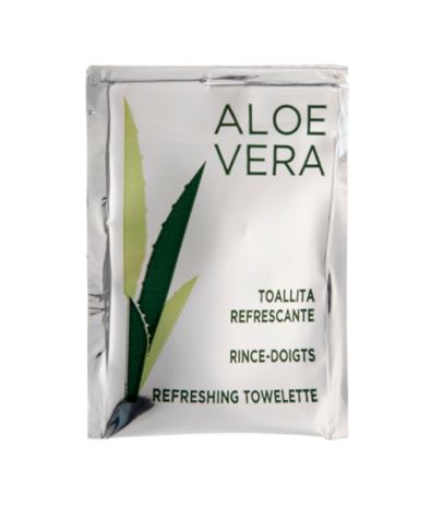 Serviettes rafraichissante cellulose blanc Aloe Vera en pochette individuelle 6x8cm - Le paquet de 500 (4 par carton)