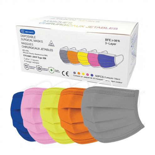 Masque chirurgical type IIR Multi-couleurs 3 plis norme EN 14683:2019 - La boite de 50 / 5 sachets de 10