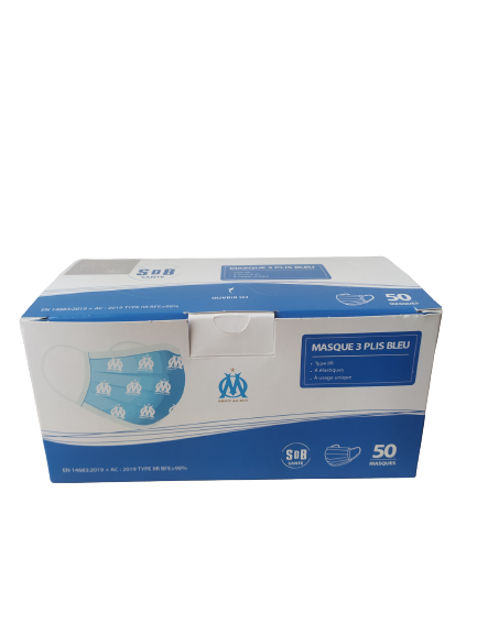 Masque chirurgical Olympique de Marseille type IIR Bleu 3 plis norme EN 14683:2019 - La boite de 50